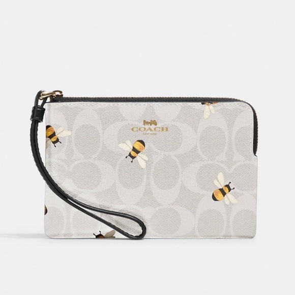 Coach Corner Zip Wristlet in Bee Print Signature Canvas & Smooth Leather NWT - Picture 12 of 12